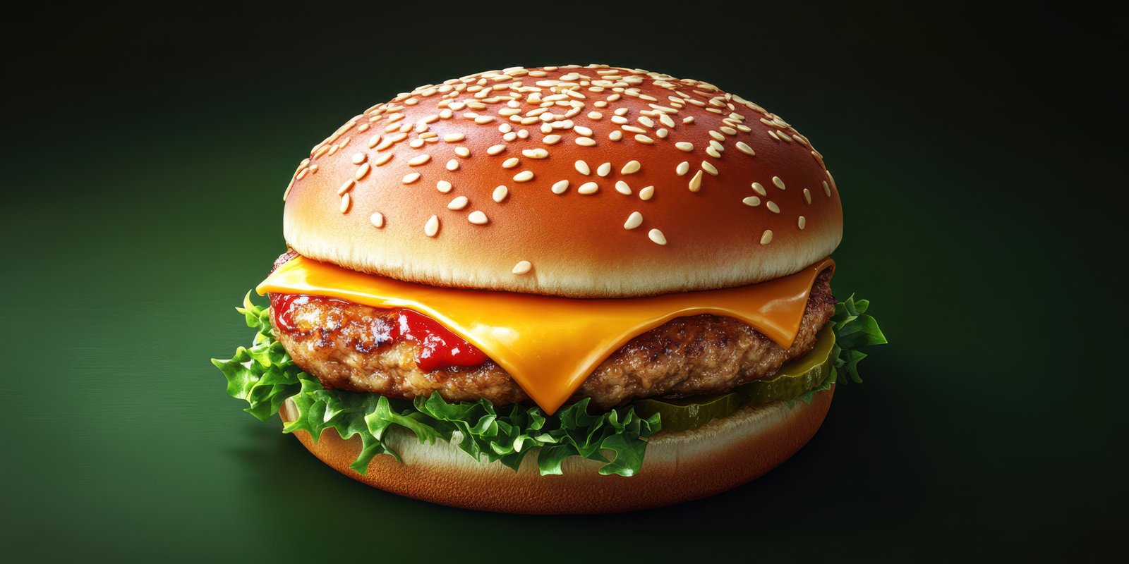 Delicious burger with cheese and vegetables displayed on a dark background